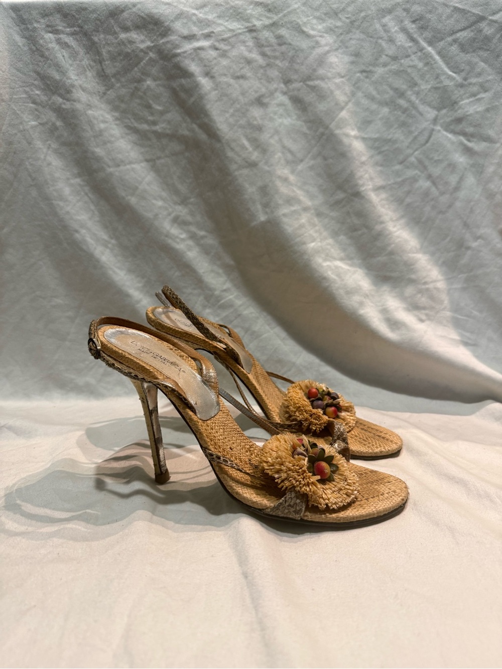 Dolce Gabbana Raffia Python Fruit Slingback Stiletto Sandal Made in Italy EU 39